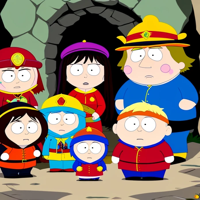 Pop Heavy Metal Music Video: a cartoon of a family of four standing in front of a cave, in style of south park, south park, eric cartman, south park style, eric cartman in real life, animated still, youtube video screenshot, old man, 🦩🪐🐞👩🏻🦳, animation still screencap, family guy style, animated film still, Dr Mephesto get Punch A Birthday Party 