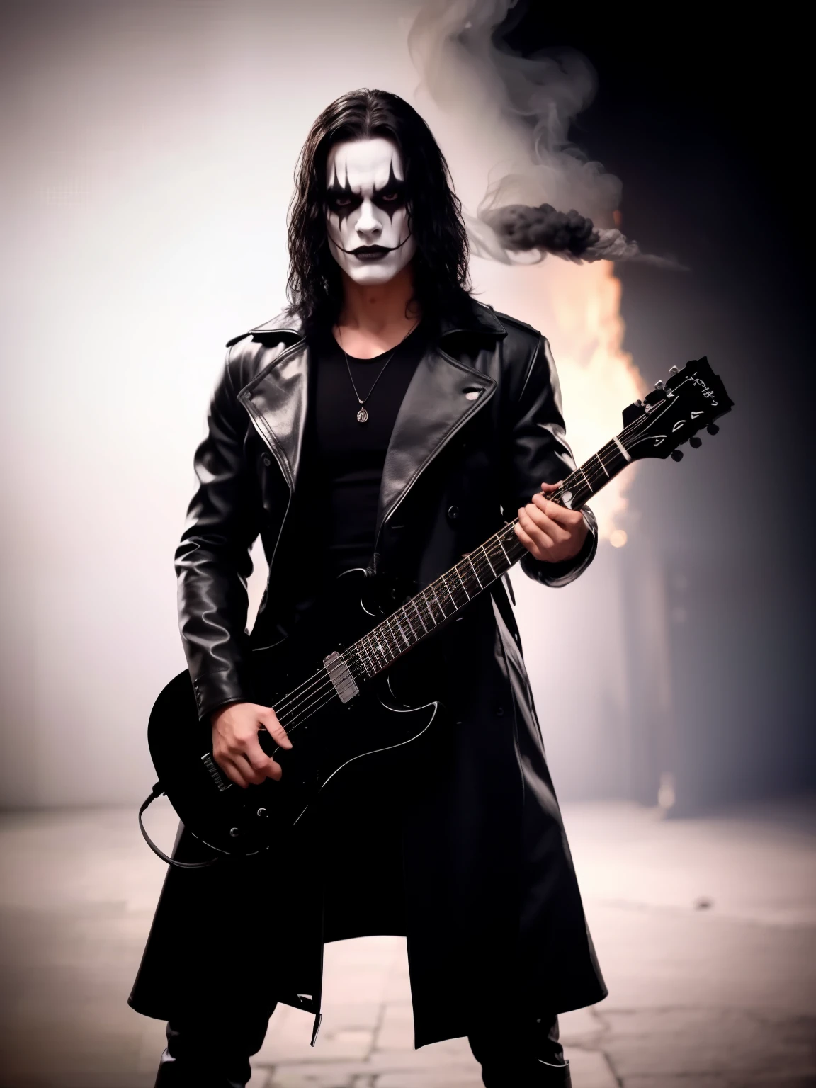 A cinematic poster of the character "The Crow". Half-body, The character is in the middle of a dark street, with a bright green light shining on him. (( The Crow V.IT Face, White face with black makeup )), The background is black with smoke. Wearing a The Crow Costume. The character is wearing a black overcoat, and black boots. He has long black hair and wears black makeup. He is holding a black heavy metal guitar in his right hand. DETAILED FACE, intricaten. detailed pistol. Realism: The generated art should be realistic and highly detailed. Lighting: The lighting should be cinematic, with a bright red light shining on the character. Background: The background should be black with smoke.