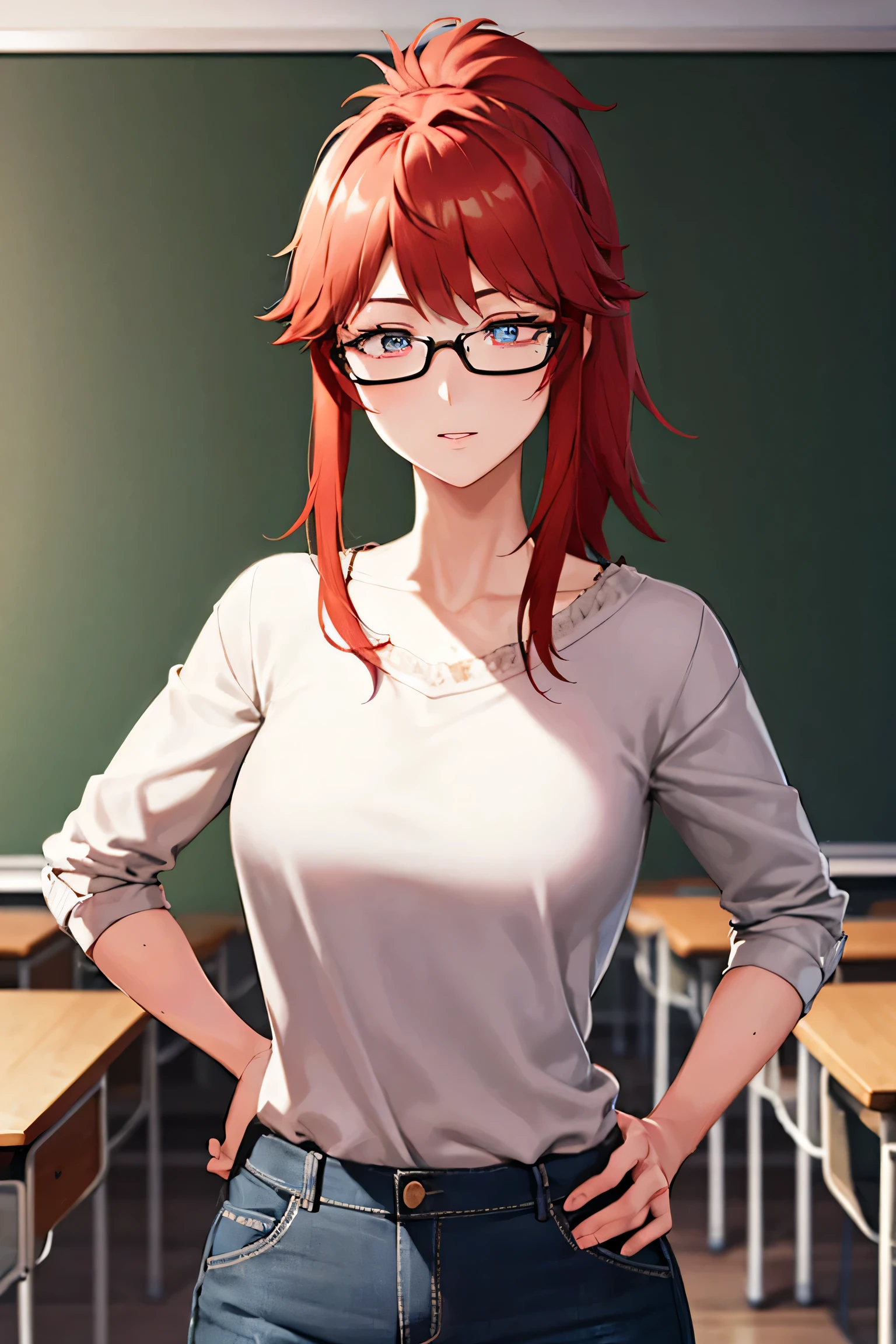 aizawa_akemi, 1girl, red eyes, red hair, ponytail, BREAK glasses and fake clothes, BREAK looking at viewer,walking,pose, hand on hip, BREAK indoors, classroom, BREAK (masterpiece:1.2), best quality, high resolution, unity 8k wallpaper, (illustration:0.8), (beautiful detailed eyes:1.6), extremely detailed face, perfect lighting, extremely detailed CG, (perfect hands, perfect anatomy),