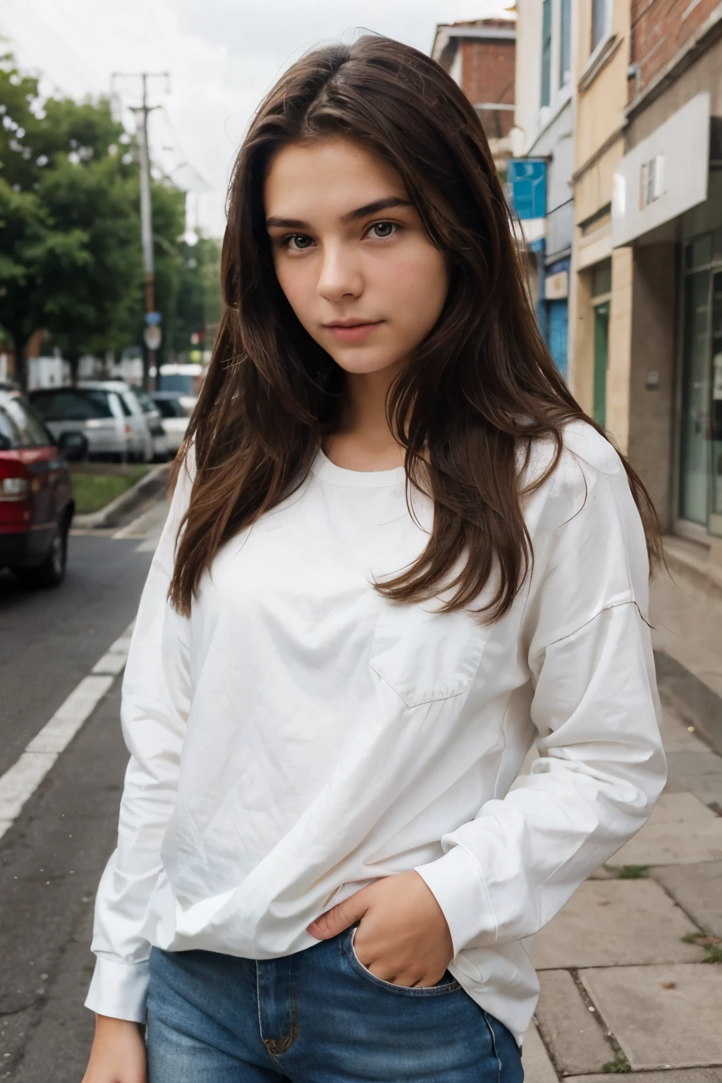 Brunette 17 year old, realistic facial symmetry, everyday clothes