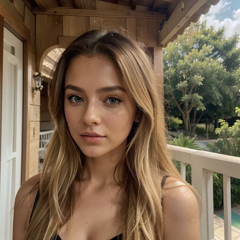 A 23-year-old blonde woman, ((pechos grandes)), ((hiperrealismo)) ,. blonde hair with light brown roots. cabello rubio, Hair with brown roots, cabello extra largo, cabello muy largo, Cabello muy largo, hermoso, vista de perfil, Foto tomada con iPhone, traje con escote, escotada, maquillada, autofoto chalet de lujo, fondo desenfocado, alta calidad, autofoto iPhone, escote, ojos verdes, labios carnosos