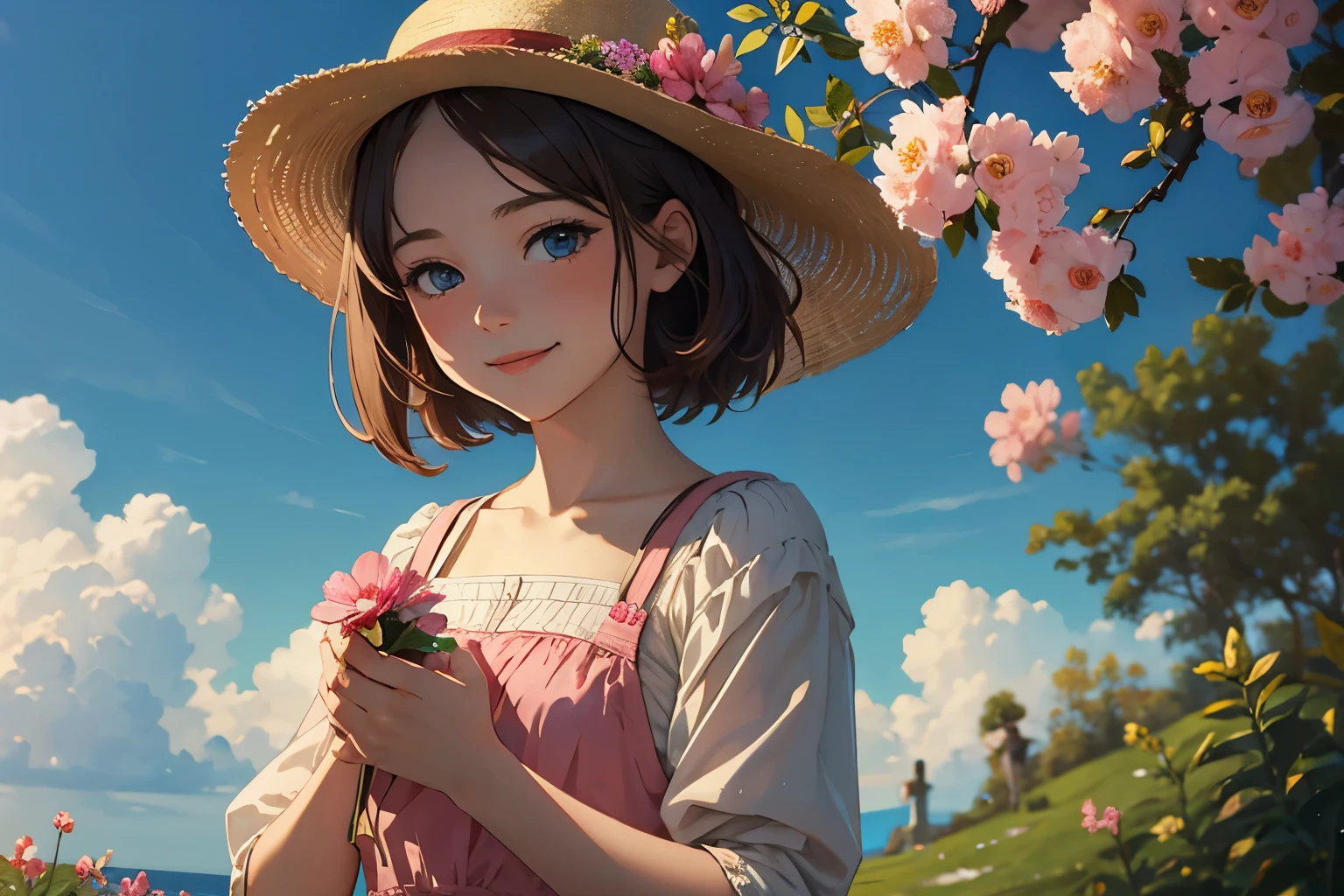 Masterpiece, Best quality, sky, young girl, holding pink flower in her hands, smiling,