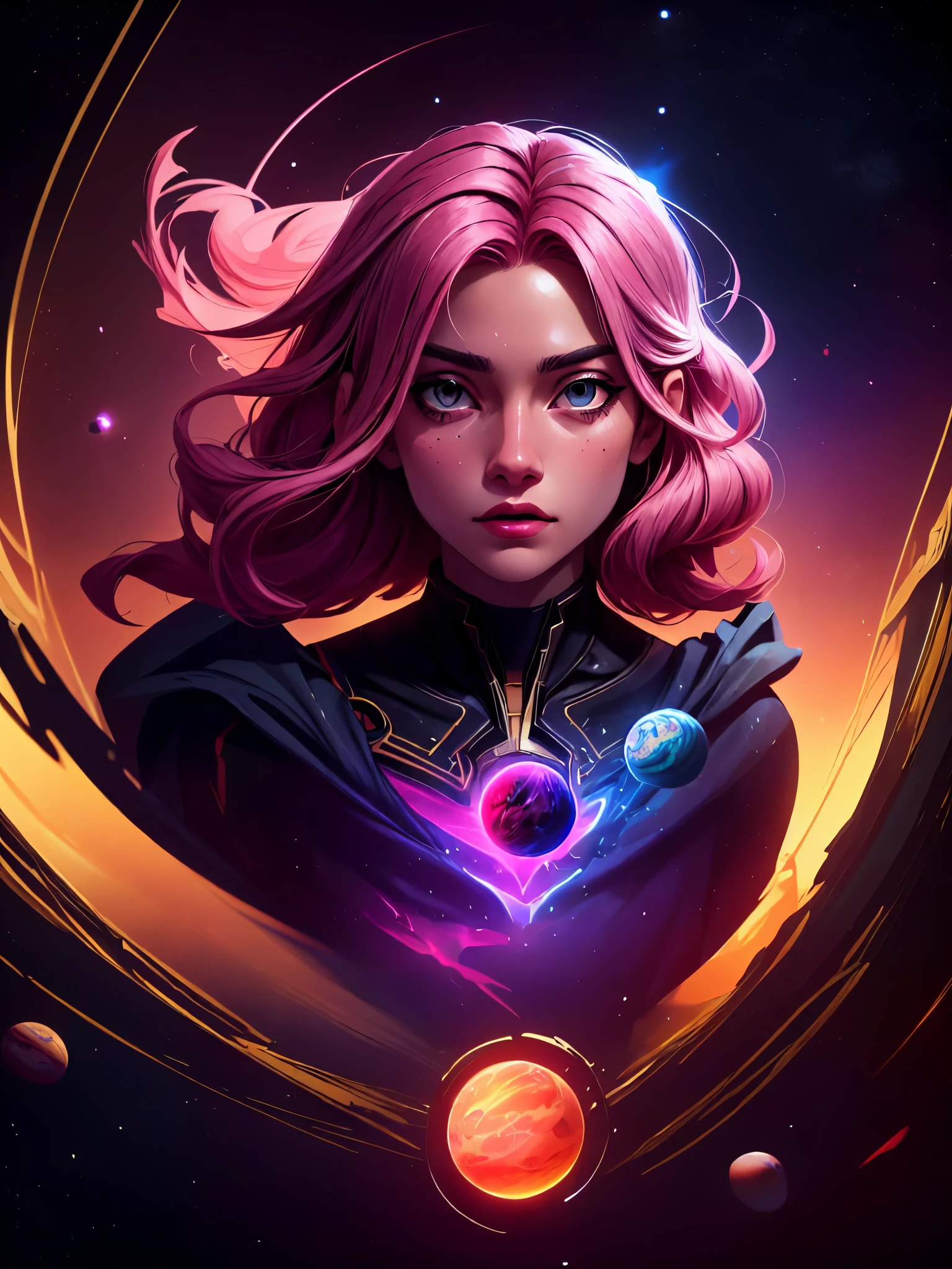 (masterpiece, best quality, highres, high resolution:1.2), extremely detailed, realistic, intricate details, planets, 1girl flying into space, pink hair, eye iris yellow, hero cape, solo, looking at planets, (abstract art:1.3), (dark theme:1.2), art, stylized, deep shadow, dark theme, cosmic dress, cosmic beauty, in space, nebula, (cinematic lighting, bloom, volumetric), reflective surfaces, subsurface Dispersion, Beyond imagination