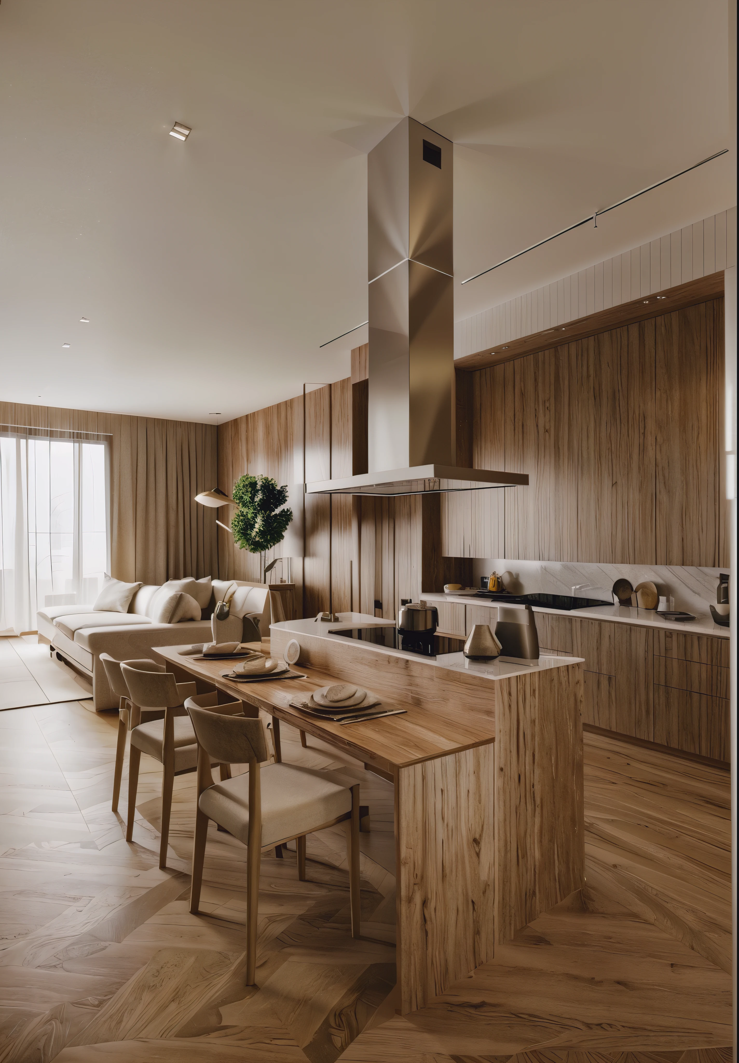(Masterpieces), (best quality), (detailed), (ultra realistic) a rendering of a kitchen with a dining table and a stove, enscape render, rendered in enscape, detailed rendering, insanely detailed rendering, in style of simplified realism, detailed renderings, realistic concept, realistic physical rendering, with photorealistic lighting, 3d rendering, 3 d rendering, precise architectural rendering, architectural rendering, excellent 3d render, concept eclectic