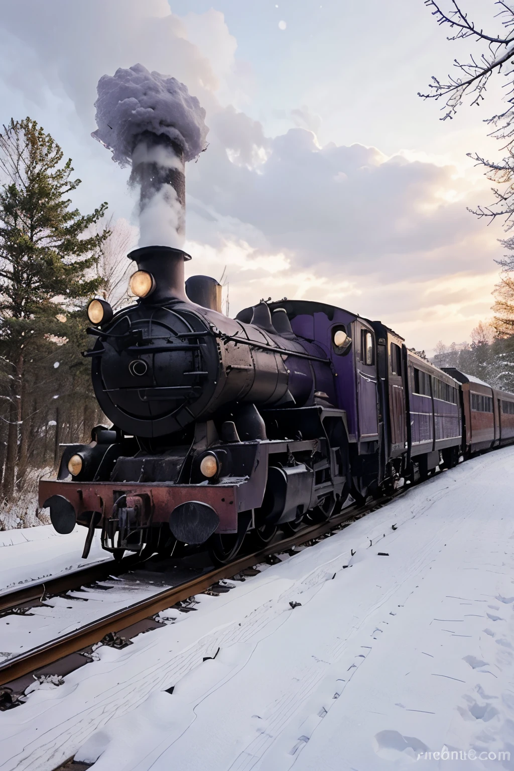 Old purple train in the distance, snowy woods, beautiful landscape