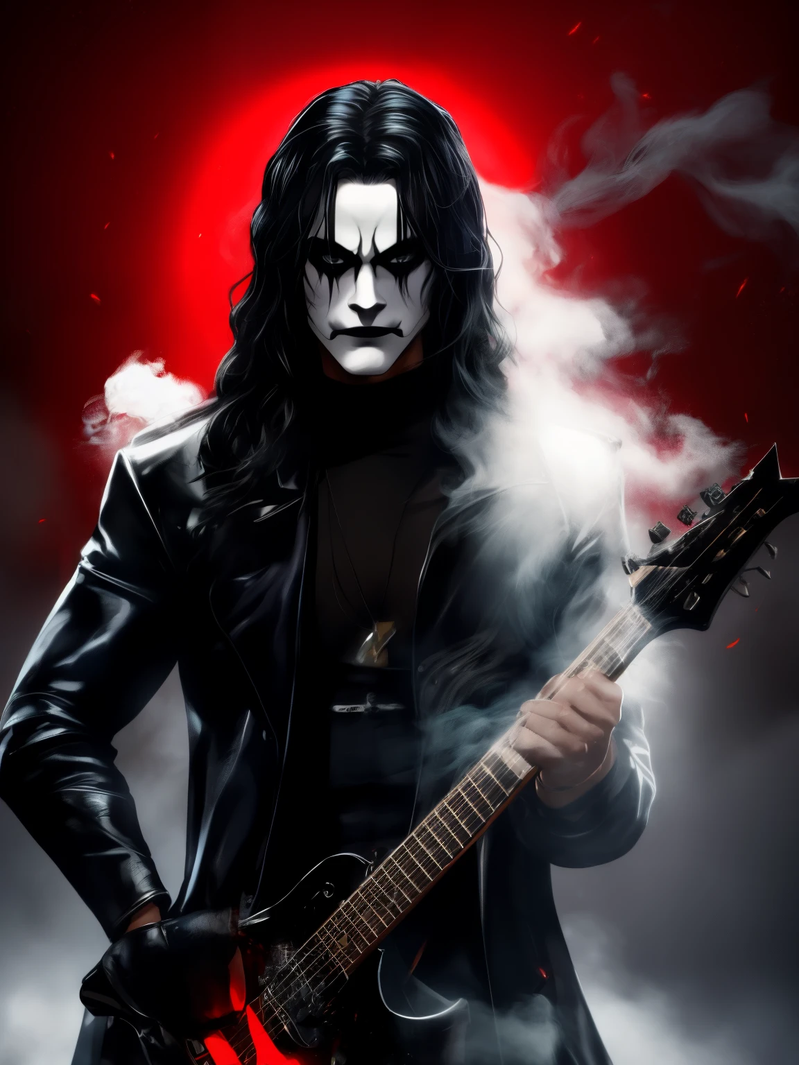 A cinematic poster of the character "The Crow". Half-body, The character is in the middle of a dark street, with a bright green light shining on him. (( The Crow V.IT Face, White face with black makeup )), The background is black with smoke. Wearing a The Crow Costume. The character is wearing a black overcoat, and black boots. He has long black hair and wears black makeup. He is holding a black heavy metal guitar in his right hand. DETAILED FACE, intricaten. detailed pistol. ((Cinematic red lighting)), Realism: The generated art should be realistic and highly detailed. Lighting: The lighting should be cinematic, with a bright red light shining on the character. Background: The background should be black with smoke.