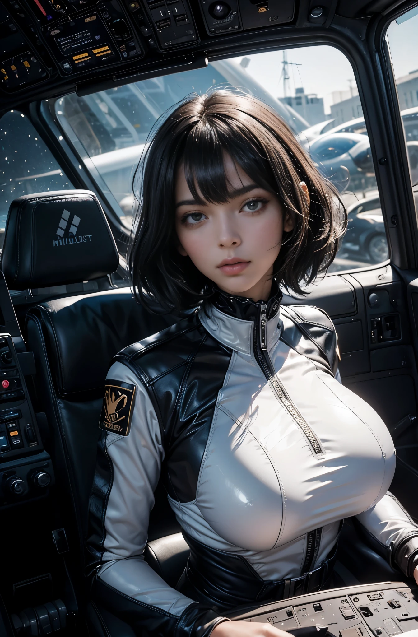 fille maigre cheveux noirs lisses, tenue spatiale en latex blanc collés au corps, très beau, très attractif, très fin, cockpit spatial, large breasts, hublot espace, brune