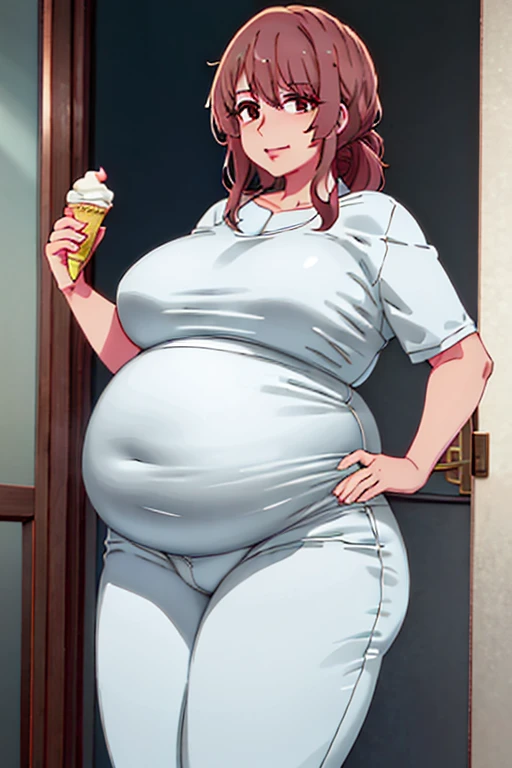 miyako Saitou, very fat, safe for work, fat, large belly, standing, grabbing belly, very fat, large stomach, chubby (best quality, masterpiece), holding ice cream, brown hair