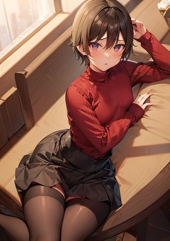 {{{{femboy、fake girl、lissome、slender、flat chest、poor chest、sloping shoulders、crotch、bulge}}}}、{{thin waist}}、{{brown hair、short hair、Red knit sweater、black skirt、black stockings、long sleeve、red cheeks}}