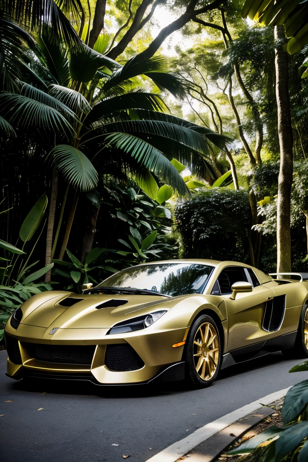 A dominus rocket league car, coated in a golden hue, weaves its way through the dense jungle. The rich golden color of the car stands out in stark contrast against the lush green foliage, highlighting its sleek design and intricate details. Sunlight filters through the canopy above, casting dappled shadows on the terrain, and the car's metallic surface reflects the light in long, shimmering stripes. The jungle setting adds an element of adventure and excitement to the scene, as if the golden car is on a daring exploration through uncharted territory. The overall atmosphere is one of adventure, wonder, and the thrill of the unknown.