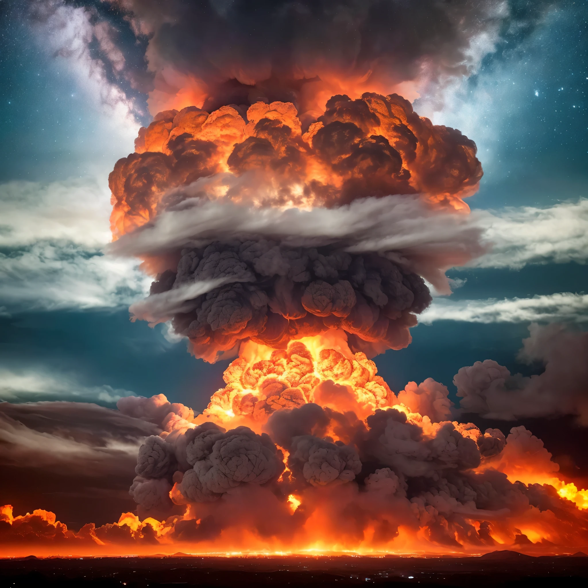 A huge nuclear bomb explodes and destroys the entire United States.、Burst wind、glint、very huge mushroom cloud、lightning bolt、lightning、destruction、perish、