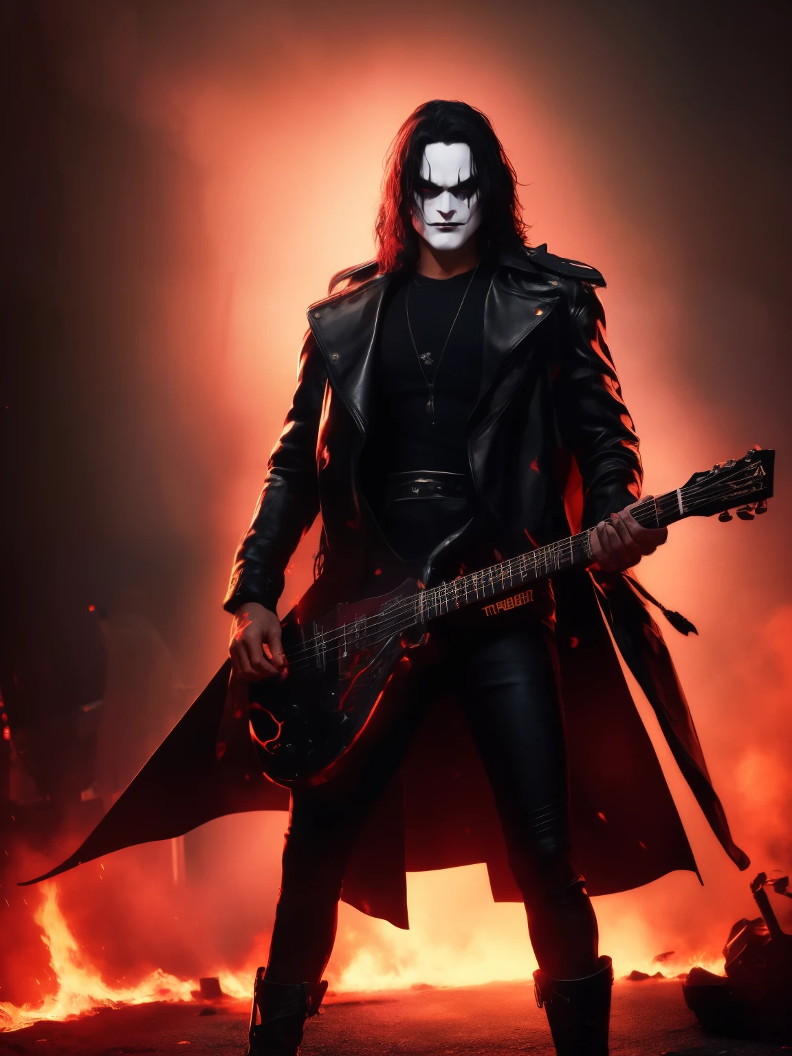 A cinematic poster of the character "The Crow". Half-body, The character is in the middle of a dark street, with a bright green light shining on him. (( The Crow V.IT Face, White face with black makeup )), The background is black with smoke. Wearing a The Crow Costume. The character is wearing a black overcoat, and black boots. He has long black hair and wears black makeup. He is holding a black heavy metal guitar in his right hand. DETAILED FACE, intricaten. detailed pistol. ((Cinematic red lighting)), Realism: The generated art should be realistic and highly detailed. Lighting: The lighting should be cinematic, with a bright red light shining on the character. Background: The background should be black with smoke.