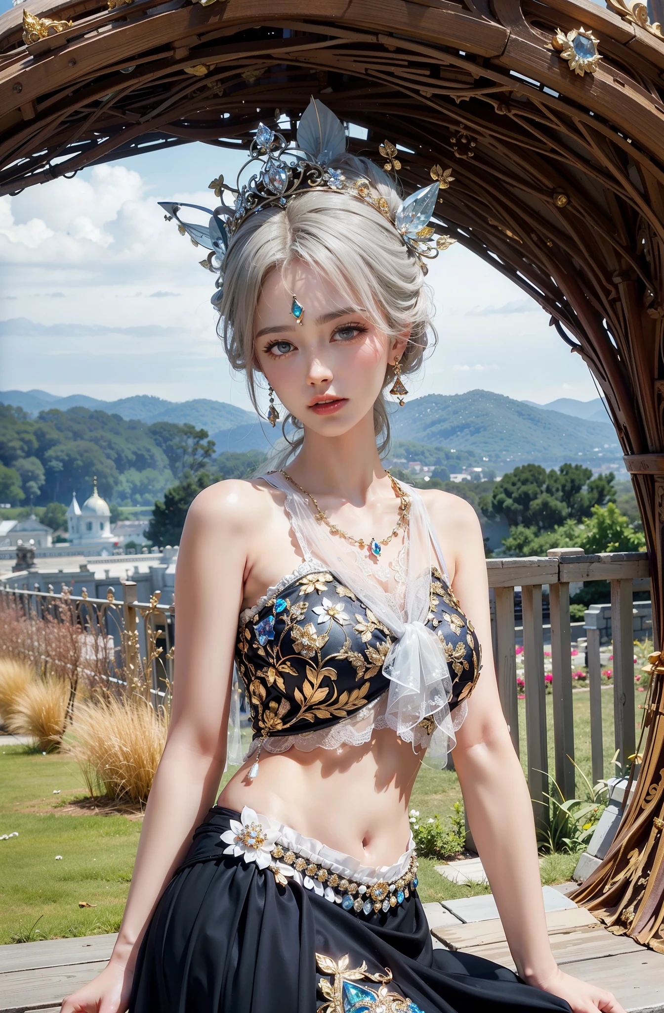 Royal sister,exquisite eyes,Detailed text,tall figure,Leg length,4K,HD,,White translucent lace,Fair and plump figure,pretty face,Little cherry mouth,beautiful and delicious(3D royal sister),Gorgeous dress encrusted with gemstones crystal gold diamonds,