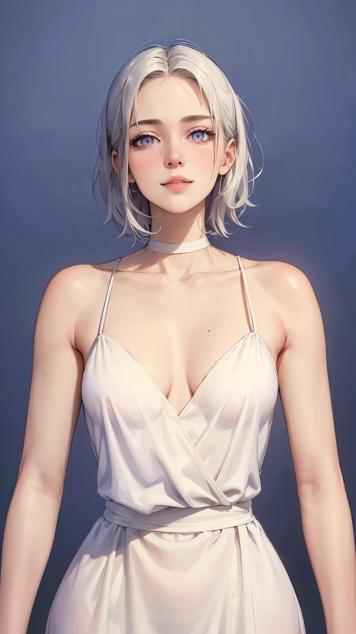 ((((masterpiece, best quality, high resolution)))), (1girl:1.5), ((short silky hair, white hair, purple eyes, sharp eyes, choker)), (average breasts:1.2), blush, (cheeky smile, parted lips), glow, thighs, bare shoulders, collarbone, narrow waist, (slender body figure), (beautiful detailed face, beautiful detailed eyes), ((white satin nightgown, thin material)), (standing up), looking at viewer, nighttime, bedroom