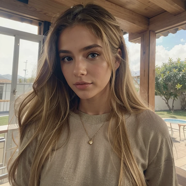 A 23-year-old blonde woman, ((pechos grandes)), ((hiperrealismo)) ,. blonde hair with light brown roots. cabello rubio, Hair with brown roots, cabello extra largo, cabello muy largo, Cabello muy largo, hermoso, vista de perfil, Foto tomada con iPhone, ropa de deporte, escotada, foto en gym, alta calidad, escote, ojos verdes, labios carnosos