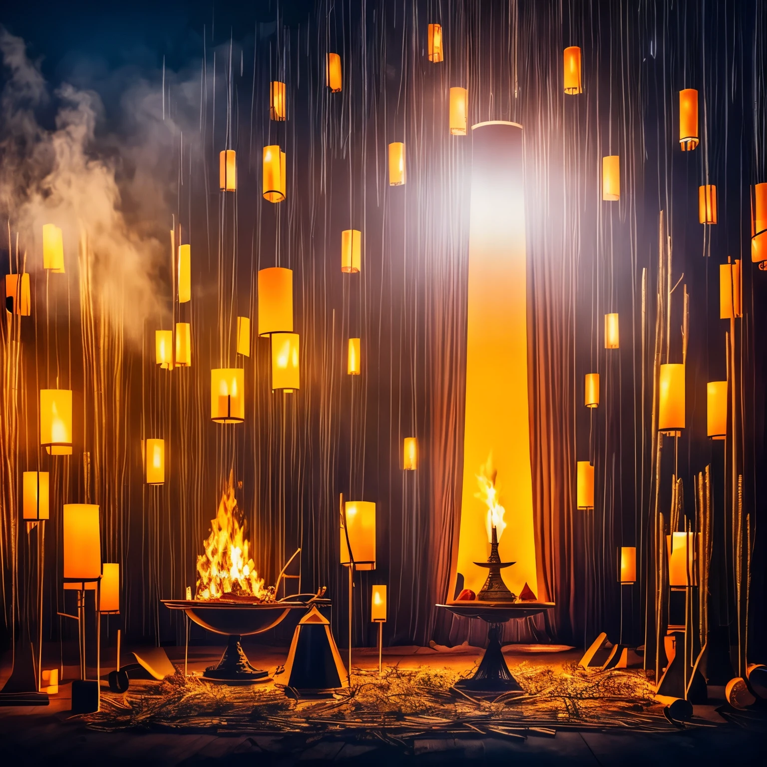 an illustration with a man made of dry tree branches emerging from a frying pan with boiling oil surrounded by bourgeoisie wearing Venetian masks in a dark room lit by candles. Illustration psychedelic style surrealist style experimental art