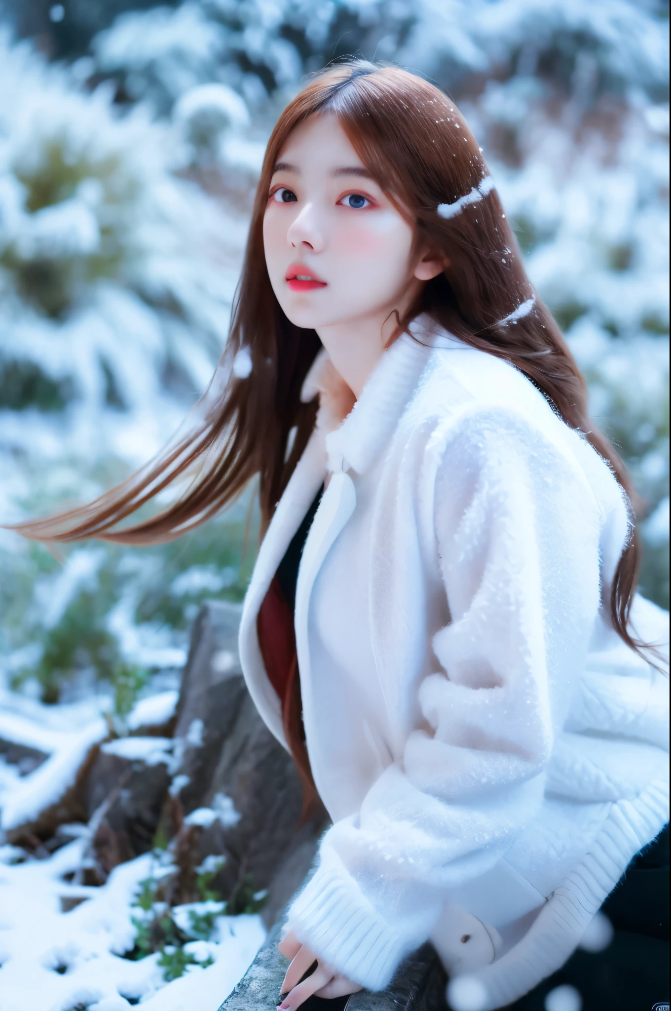 hyper realistic lifelike texture dramatic lighting unreal engine trending on art station, award winning photo,masterpiece, best quality, realistic, photorealistic, ultra detailed, extremely detailed face, solo,1girl, standing, dreamy atmosphere, white snow witch, wearing winter suit, looking at viewer,