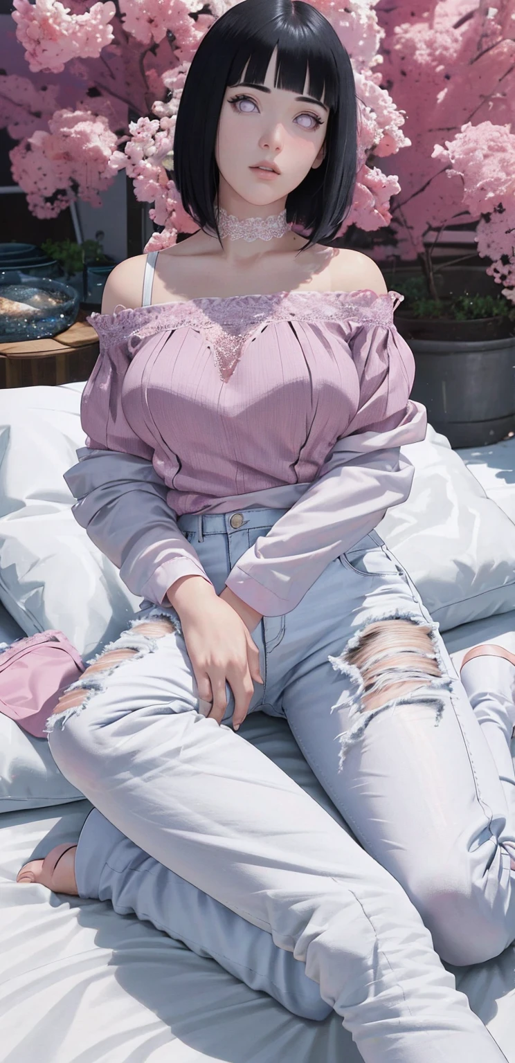 {-erro_de_anatomia:1.0}(Masterpiece - Ultra-Detailed, High Resolution) Masterpiece, absurderes, Hinata\(Boruto\), 1girll, Solo,Mature female, Off-the-shoulder lace shirt, When looking at the camera, Perfect composition, Detailed lips, big breast, Beautiful face, body propotion, Blush, (Pink lips), medium hair, (black hair) Purple eyes, Soft gaze, Super realistic, Detailed, photoshoot, Realistick faces and bodies, whole body, laying on the, looking at the camera, with white background, lilac shoes, jeans