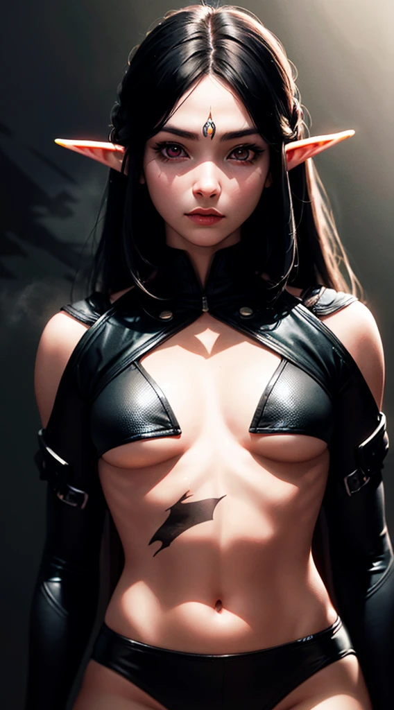 RAW, professional photograph, medium shot, photorealistic, hyper-realistic, ray tracing, super detail, UHD, 8k, female elf, black armor, twenty years old, athletic body, flat chest, soft facial features, long hair, straight hair, black hair, red eyes, gray and black fog background