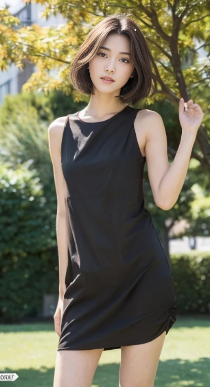 (In the daytime, Need, 8K, tmasterpiece:1.3)), full bodyesbian, Long legs, Focalors:1.2, perfect figure beautiful woman:1.4, Slim abs:1.1, ((Dark brown short hair, small tities:1.2 )), (shift dresses,,standing on your feet:1.2,), ((The tree,mont :1.3)), Highly detailed facial and skin texture, A detailed eye, 二重まぶた,Flying long hair