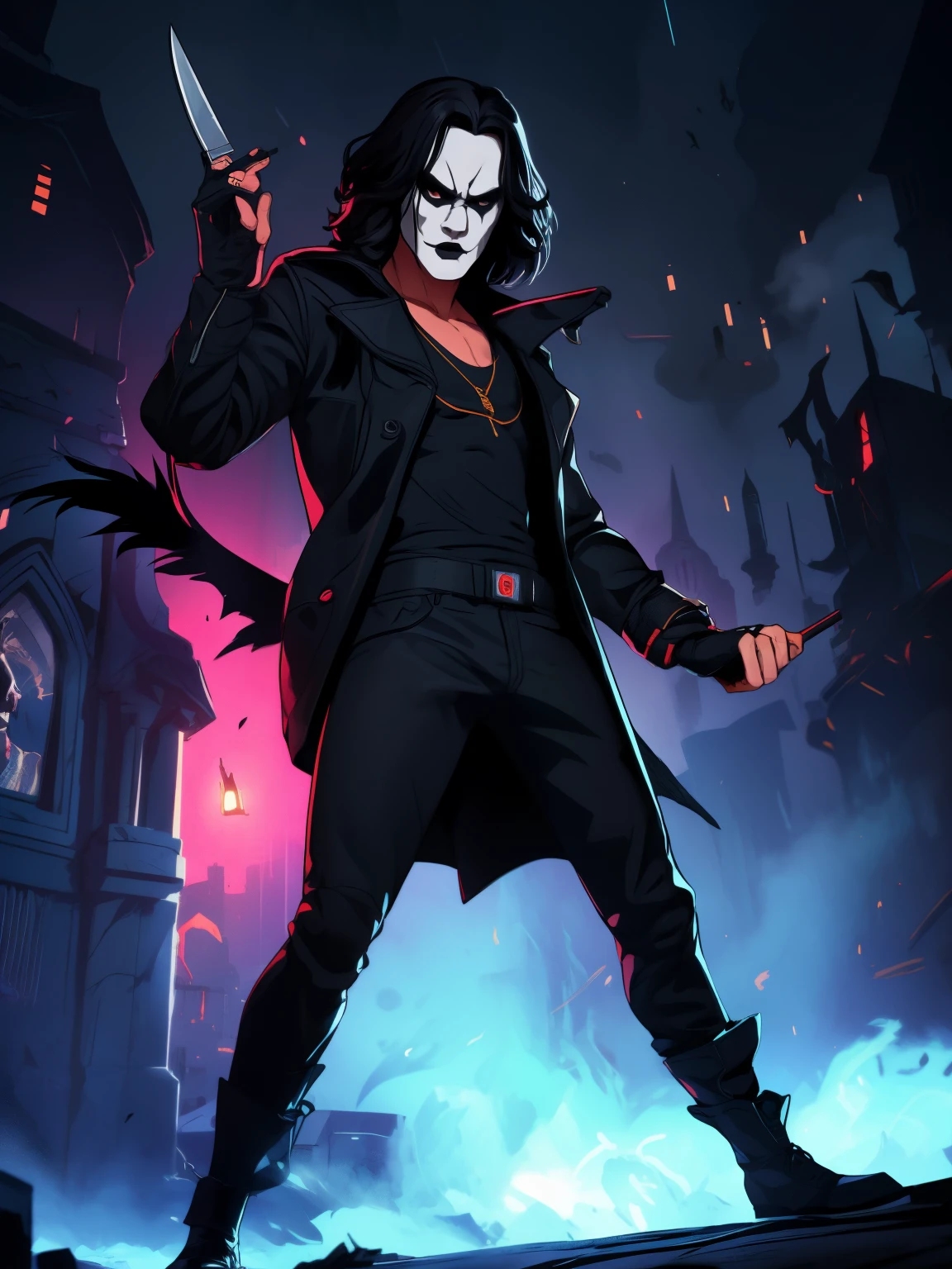 A cinematic poster of the character "The Crow". Half-body, The character is in the middle of a dark street, with a bright green light shining on him. (( The Crow V.IT Face, White face with black makeup )), The background is black with smoke. Wearing a The Crow Costume. The character is wearing a black overcoat, and black boots. He has long black hair and wears black makeup. He is holding a knife in his right hand. DETAILED FACE, intricaten. detailed pistol. Realism: The generated art should be realistic and highly detailed. Lighting: The lighting should be cinematic, with a bright red light shining on the character. Background: The background should be black with church on Fire .