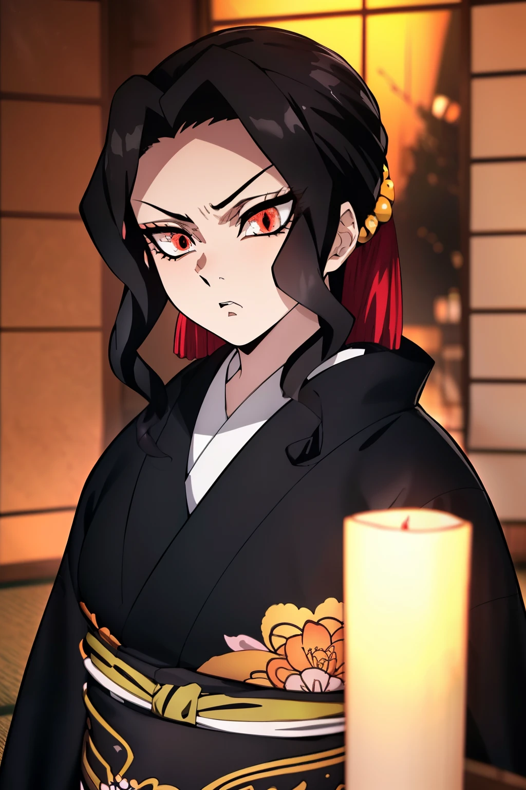 master piece, best quality, ultra high resolution, highest quality, anime style, best writing, beautiful face, handsome face, (black kimono:1.3), 1 female, beautiful face, beautiful kimono, tatami, luxurious sliding door, seiza, black hair, Beautiful makeup, upper body, red eyes, Cat pupil, annoyed, (inside a dark room:1.2), Candlelight