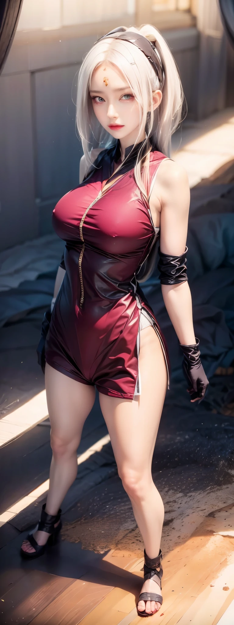 realistic, 1 women, best quality, 12k, HD, long hair, big round , , ponytail, necklace, jewelry, shorts, short jacket, slim , hair tie, yellow eyes, black hair, super detailed, Eye details, hair details, person details, mouth details, face details,  details, clothes details, hair details, pants details, hand details, whole body