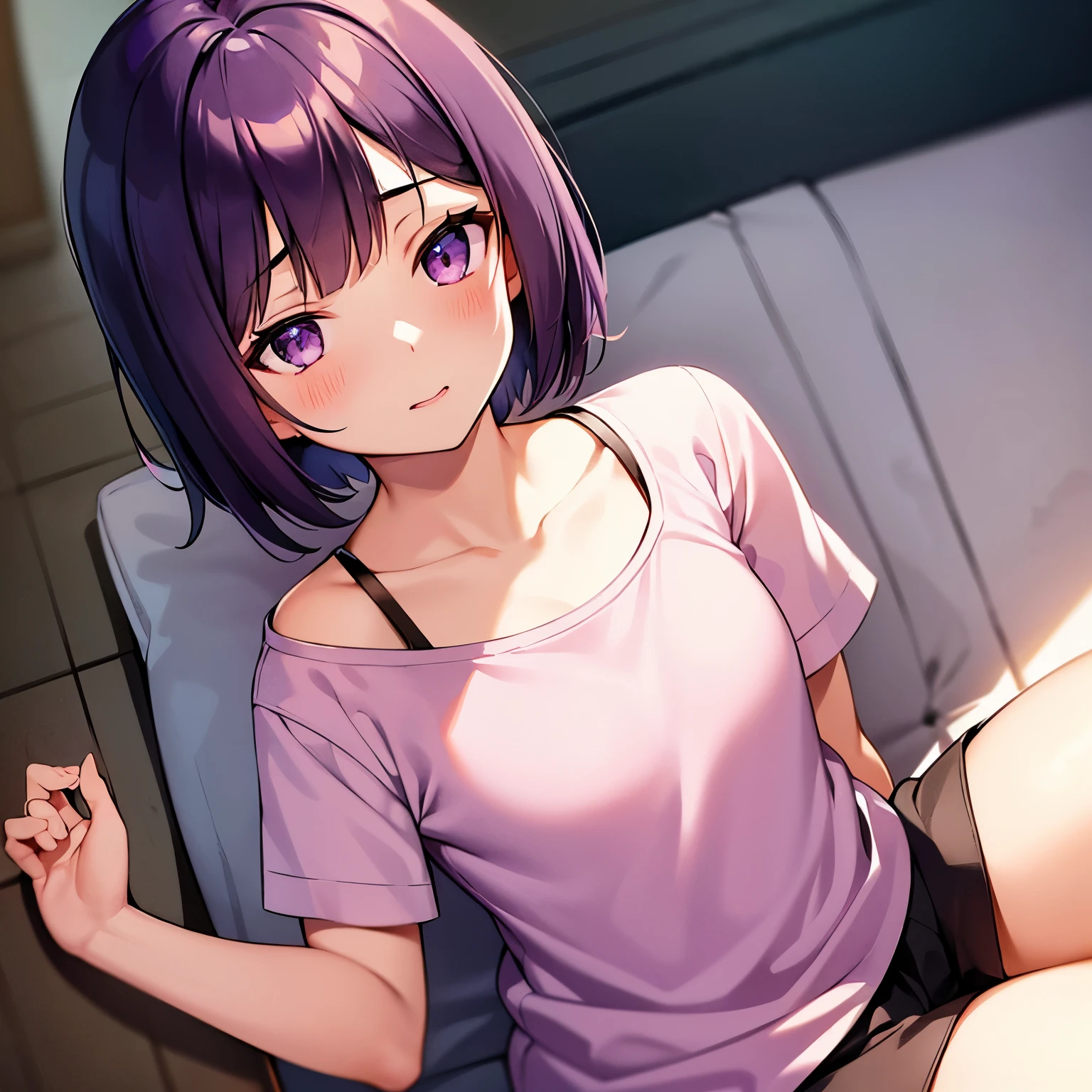 Kyoka Jiro, 1 girl, alone, chest, Blush, short hair, smooth, พื้นหลังที่smoothง่าย, shirt, white background, gag, purple eyes, collarbone, upper body, purple hair, short sleeve, blunt smooth, Look away., t-shirt, pink shirt, Earlobes are long, white.
