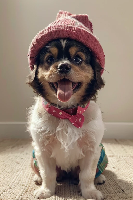  shih tzu dogs, Pomerania, yorkshíre Terrier, Maltese, fofos posando para uma foto usando roupas fofas, luxurious hat, ties, bandanas, vestido, Cores fofas, children&#39;s clothing colors for dogs, (((expression of much happiness, open mouth Huge tongue out))),  (obra de arte) (perfect proportion)(foto realista)(melhor qualidade) (detalhado) (8k) (HDR) (papel de parede) (cinematic lighting) (sharp focus) POV do topo, (8k, melhor qualidade, obra de arte:1.02), (realista, Photo-realista:1.07), super detalhado, Luz suave, Bonitinho, children&#39;s scenario in the environment, cores fofas, detalhes fofos.