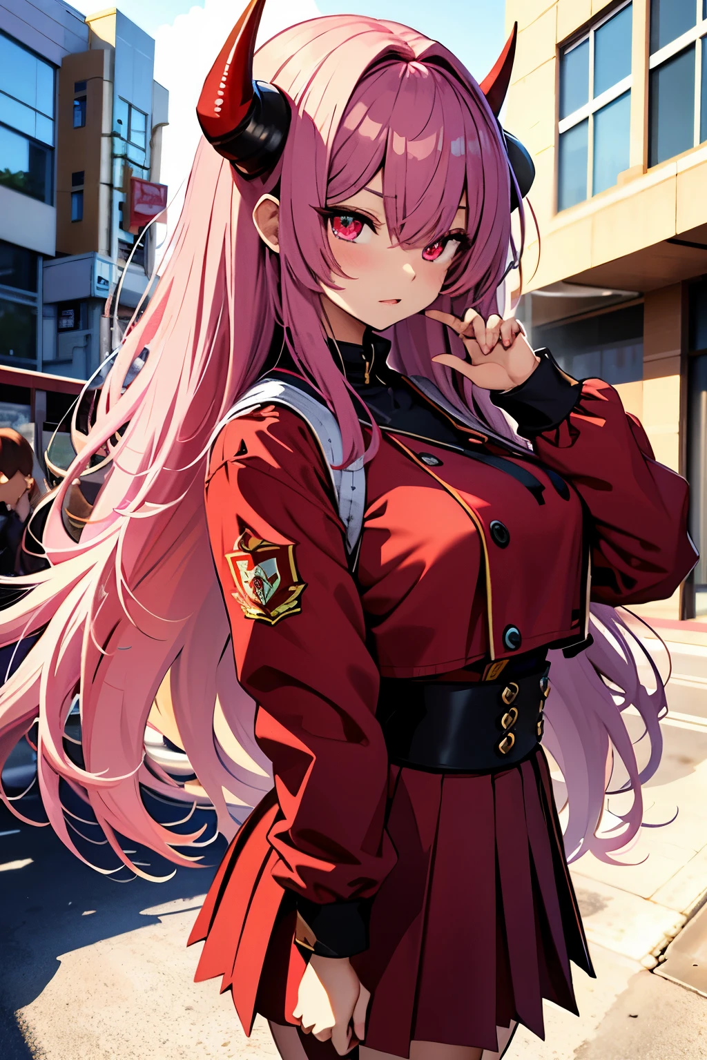 masterpiece、highest quality、4k、1 beautiful girl、demon high school girl、real、3D、whole body、((crimson skin、high school girl uniform))、Demon horn、long hair、pink hair、super big breasts、micro mini skirt、golden eyes、Big eyes、cute eyes、building street、watercolor style、