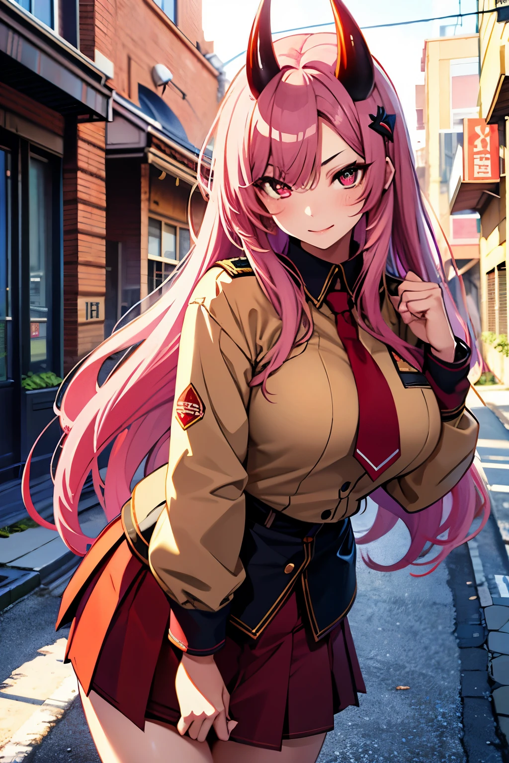 masterpiece、highest quality、4k、1 beautiful girl、demon high school girl、real、3D、whole body、((crimson skin、high school girl uniform))、Demon horn、long hair、pink hair、super big breasts、micro mini skirt、golden eyes、Big eyes、cute eyes、building street、watercolor style、