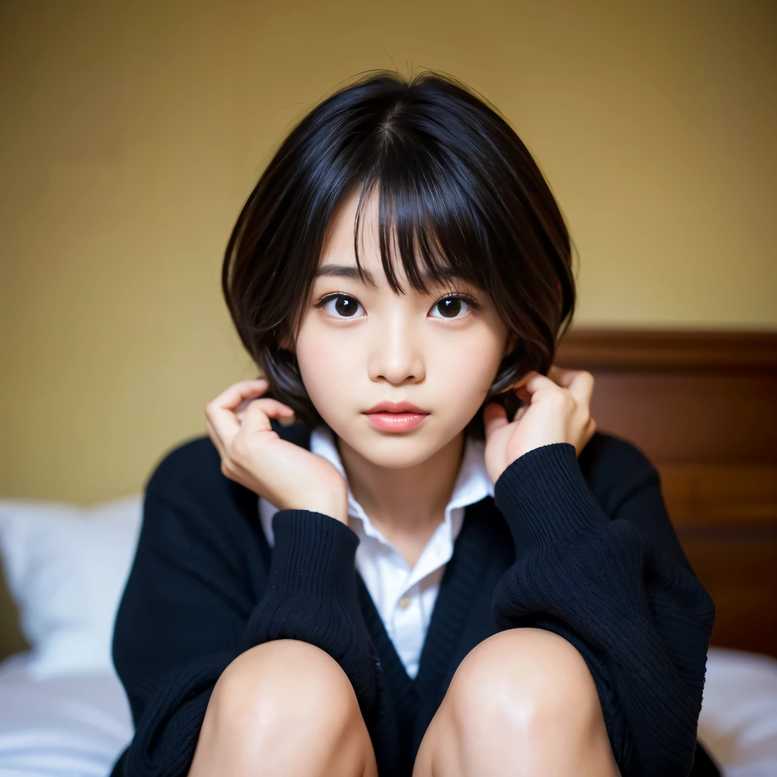 Best-quality, Masterpiece, Ultra-High-Resolution, (Photorealistic:1.4), Raw-Photo, 1girl, 12-years-old, the most famous Japanese idol, wearing only Japanese high-school uniform, at midnight, sitting on bed, face-focus, portrait, extremely cute face like a most popular Japanese idol, extremely beautiful big-black-eyes, extremely beautiful black-short-cut-haired, extremely beautiful long-eyelashes, extremely beautiful lips, extremely beautiful skins, detailed