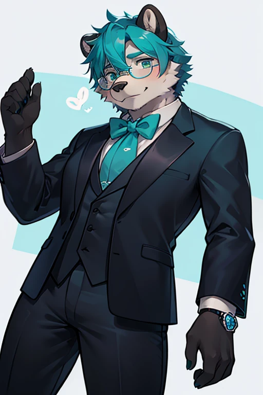 A grey furred grizzly bear wearing blue tinted glasses with a watch Teal ascot and tuxedo