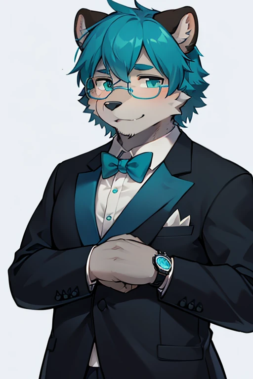 A grey furred grizzly bear wearing blue tinted glasses with a watch Teal ascot and tuxedo