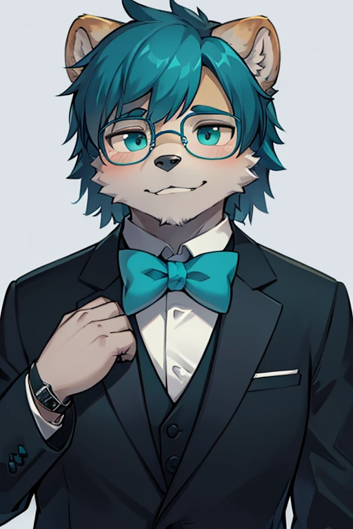 A grey furred grizzly bear wearing blue tinted glasses with a watch Teal ascot and tuxedo
