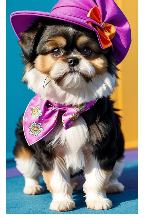shih tzu dogs, Pomerania, yorkshíre Terrier, Maltese, fofos posando para uma foto usando roupas fofas, luxurious hat, ties, bandanas, vestido, Cores fofas, children&#39;s clothing colors for dogs.
