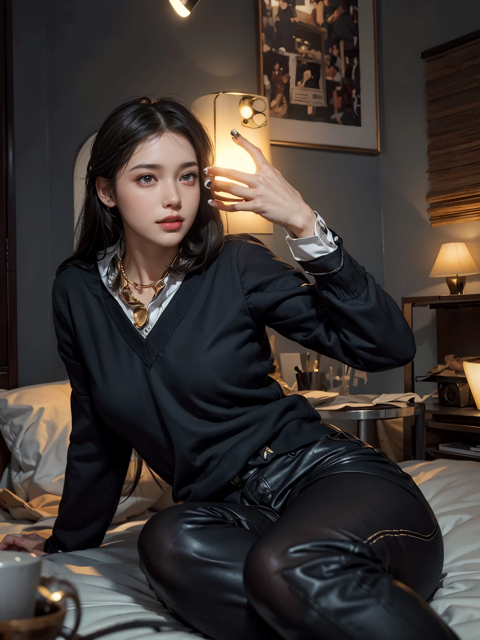 (Ultra Realistic), (Illustration), (Increased Resolution), (8K), (Extremely Detailed), (Best Illustration), (Beautiful and Detailed Eyes), (Best Quality), (Ultra Detailed), (Masterpiece ), ( wallpaper), (detailed face), solo, 1 girl, looking at viewer, fine details, detailed face, in the dark, deep shadows, low key, pureerosfaceace_v1, smiling, long hair, black shawl straight hair , 46 points oblique bangs
