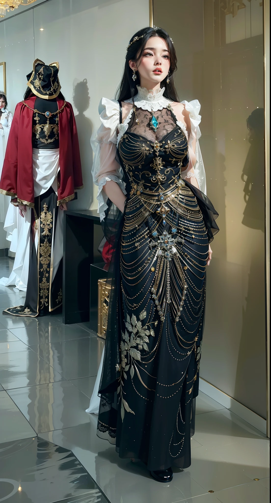 Royal sister，exquisite eyes，Detailed text，tall figure，Leg length，4K，HD，，White translucent lace，Fair and plump figure，pretty face，Little cherry mouth，beautiful and delicious（3D royal sister)，Gorgeous dress encrusted with gemstones crystal gold diamonds，long skirt