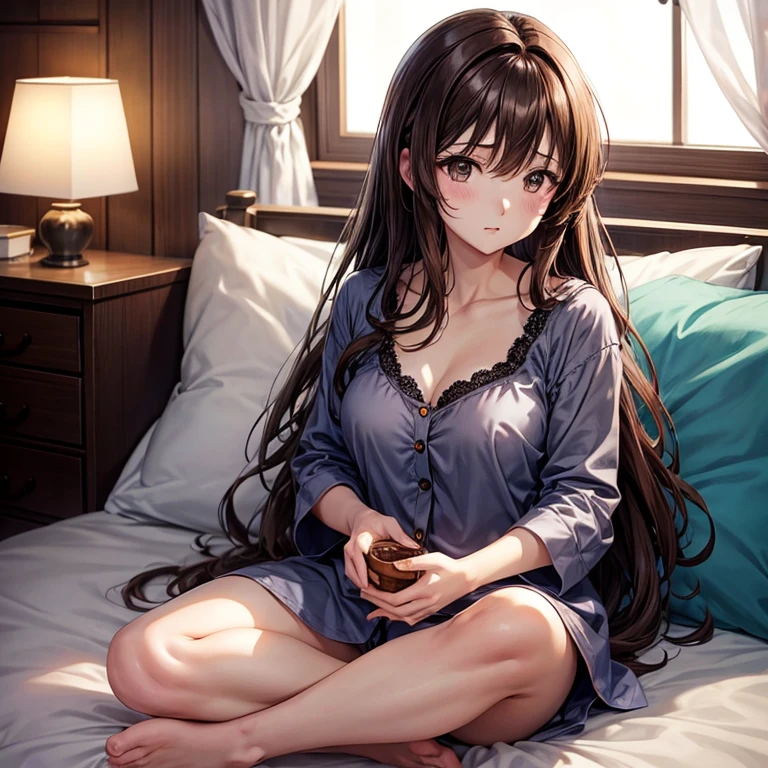 anime、beautiful girl、brown hair、black eyes shine、pajamas、sleepy、beautiful breasts