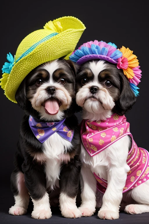 shih tzu dogs, fofos posando para uma foto usando roupas fofas, luxurious hat, ties, bandanas, vestido, Cores fofas, children's clothing colors for dogs.