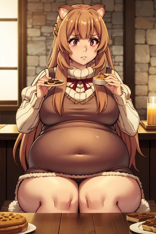 raphtalia, long hair, bangs, fat, raccoon ears, fat, chubby, fat, pregnant, big belly, overweight, Riza Hawkeye, hair in bun, fat, big belly, clothed, sitting down, table full of food, cookies, eating cookies, very fat, Christmas season, Christmas time, Christmas season, holidays, Christmas sweater,