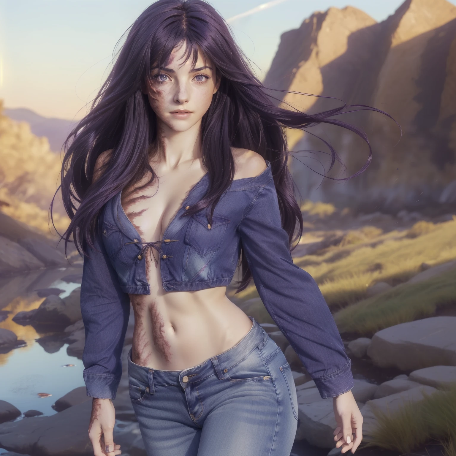 (masterpiece),(best quality), hair over right eye, looking at the viewer, thin body, dynamic poses, (medium breasts: 1.3), young girl, 8k,(bright sunny day:1.5), (seductive body details:1.3), long dark purple hair, purple eyes, seductive light smile, shy, skinny legs, (slender legs), big eyes, (((wind))), (high breasts), sharp breasts, (realistic style), full height, (burn scar on the right side of the face:1.5), (burn scar on the right side of the body:1.5), (clear left side of the body:1.2), hair over right eye, ((megane)), ((disheveled hair)), (slim waist), ((narrow hips)), (slender legs), medium breast, curvy, busines suit, naked jacket, thight pants, thight jacket,