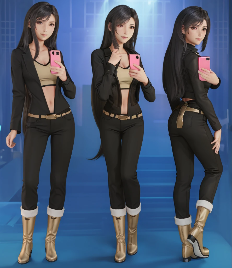 three times the same woman posing, black outfit holding a pink phone, full body portrait, in anime style, extra long hairs, dark hairs, multiple poses, different poses, tifa lockhart, blue bra, cleavage, black vest, silver belt with dark silver buckle, black panties, beige boots, nfsw
