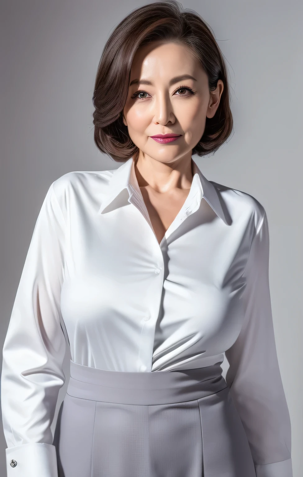 (highest quality,8K,masterpiece),
Portrait of a mature woman,greedy,
very beautiful face,lip gloss,
big breasts,
Elegant gray suit, white shirt,