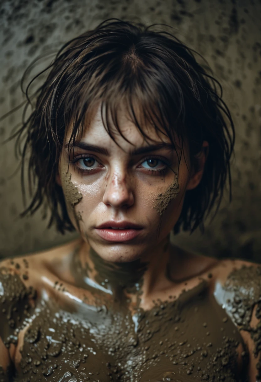 Jeans,covered with mud,Bob haircut,Detailed eyes and face,expression of despair,blouse,Dark and moody lighting,shameful fetish atmosphere,desperation,Bathroom,In a mud bath,Fading woman