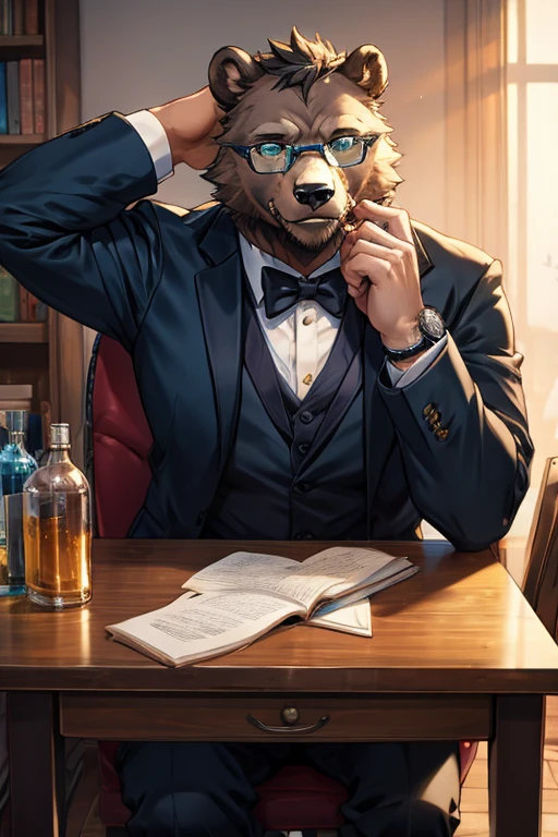 A grey furred grizzly bear wearing glasses with blue tinted lenses with a watch Teal ascot and tuxedo
