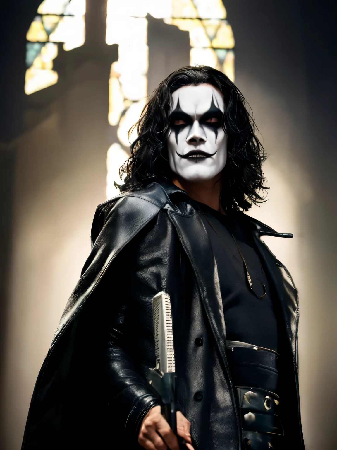 A cinematic poster of the character "The Crow". Half-body, The character is in the middle of a dark street, with a bright green light shining on him. (( The Crow V.IT Face, White face with black makeup )), The background is black with smoke. Wearing a The Crow Costume. The character is wearing a black overcoat, and black boots. He has long black hair and wears black makeup. He is holding a knife in his right hand. DETAILED FACE, intricaten. detailed pistol. Realism: The generated art should be realistic and highly detailed. Lighting: The lighting should be cinematic, with a bright red light shining on the character. Background: (((The background should be black with church on Fire)))