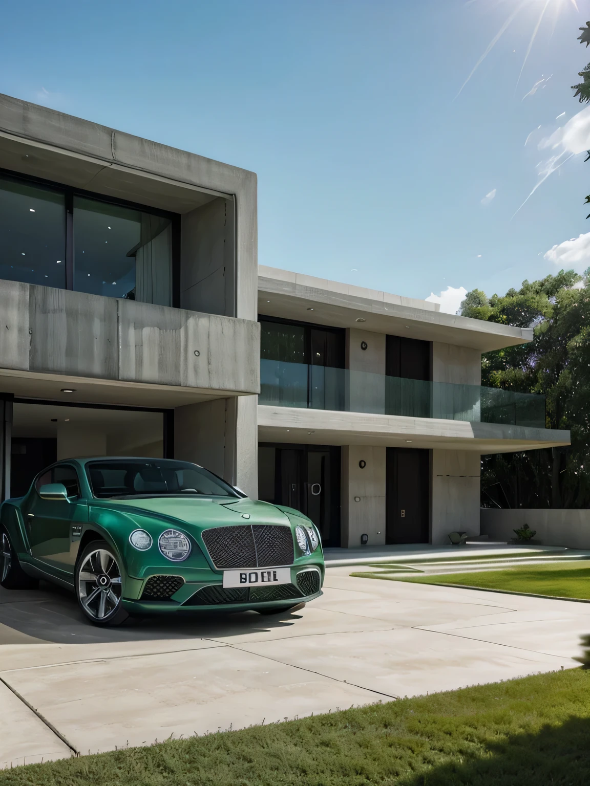  a Bentley designed house, smooth concrete structure, parametric facade, with an emerald green Bentley Bentega parked outside