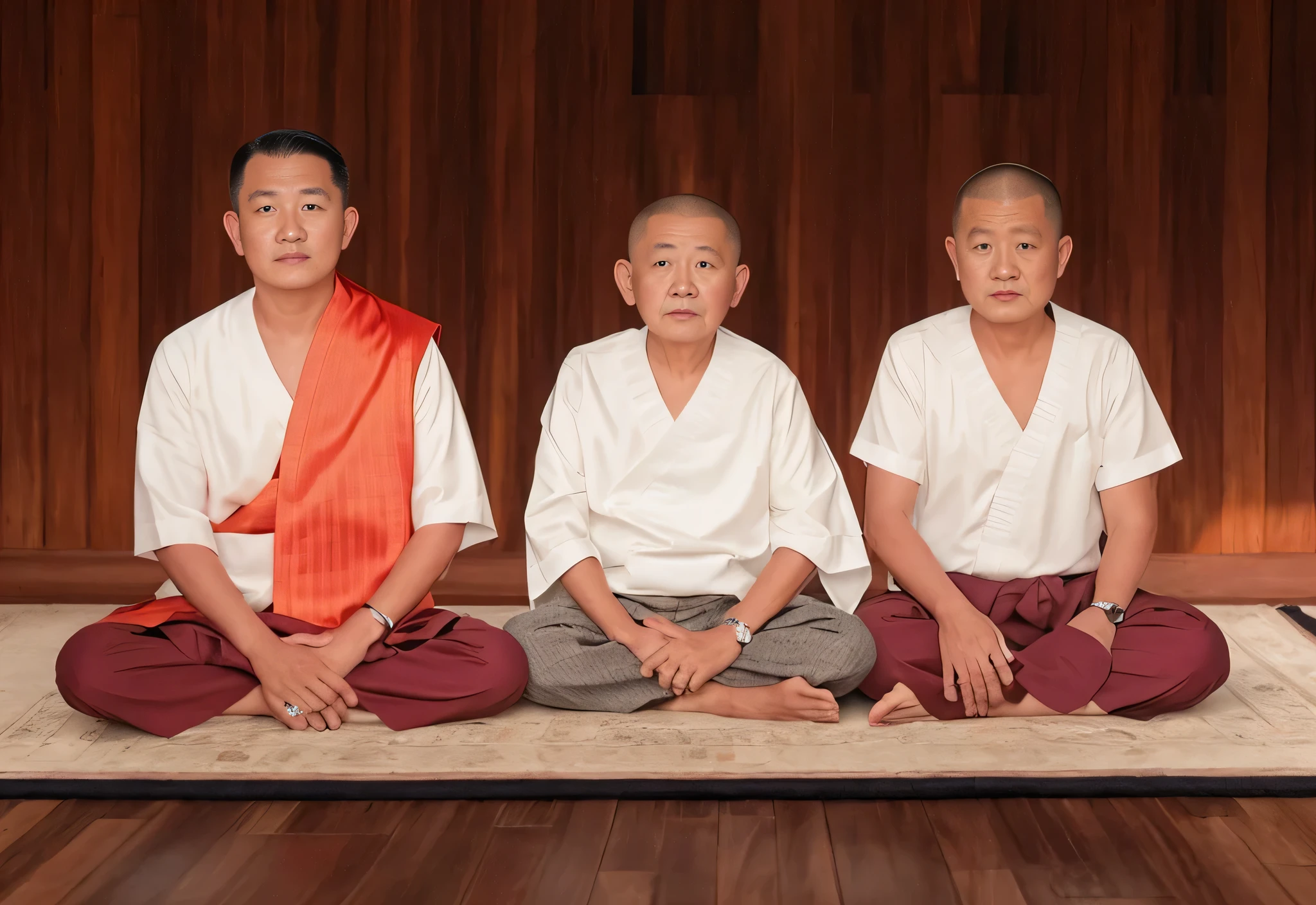 Three people sitting on a carpet in front of a wooden wall, barong family, barong family member, an indonesian family portrait, Three Moira, in style of Thawan Duchanee, Picture taken on 2 0 2 0, rare photos, Old color photos, photo still, Thawan Duchanee, 3 heads, priest, meditation