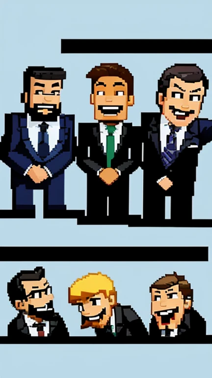 in 8-bit cartoon art style, four gentlemen laughing, in suits standing shoulder to shoulder, with the title "Ha Ha Squad"